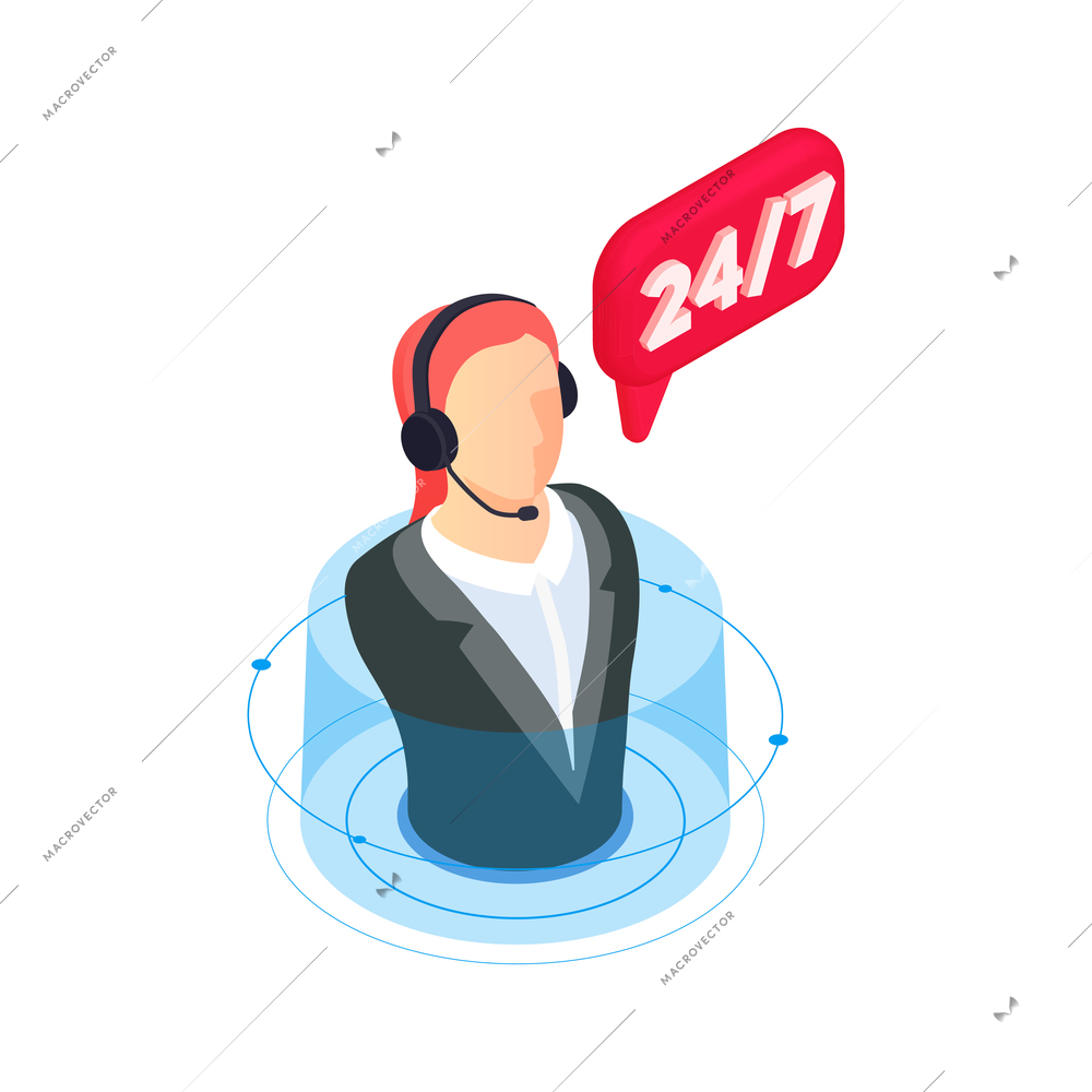 Customer service isometric composition with human body inside holographic circle with around the clock sign vector illustration