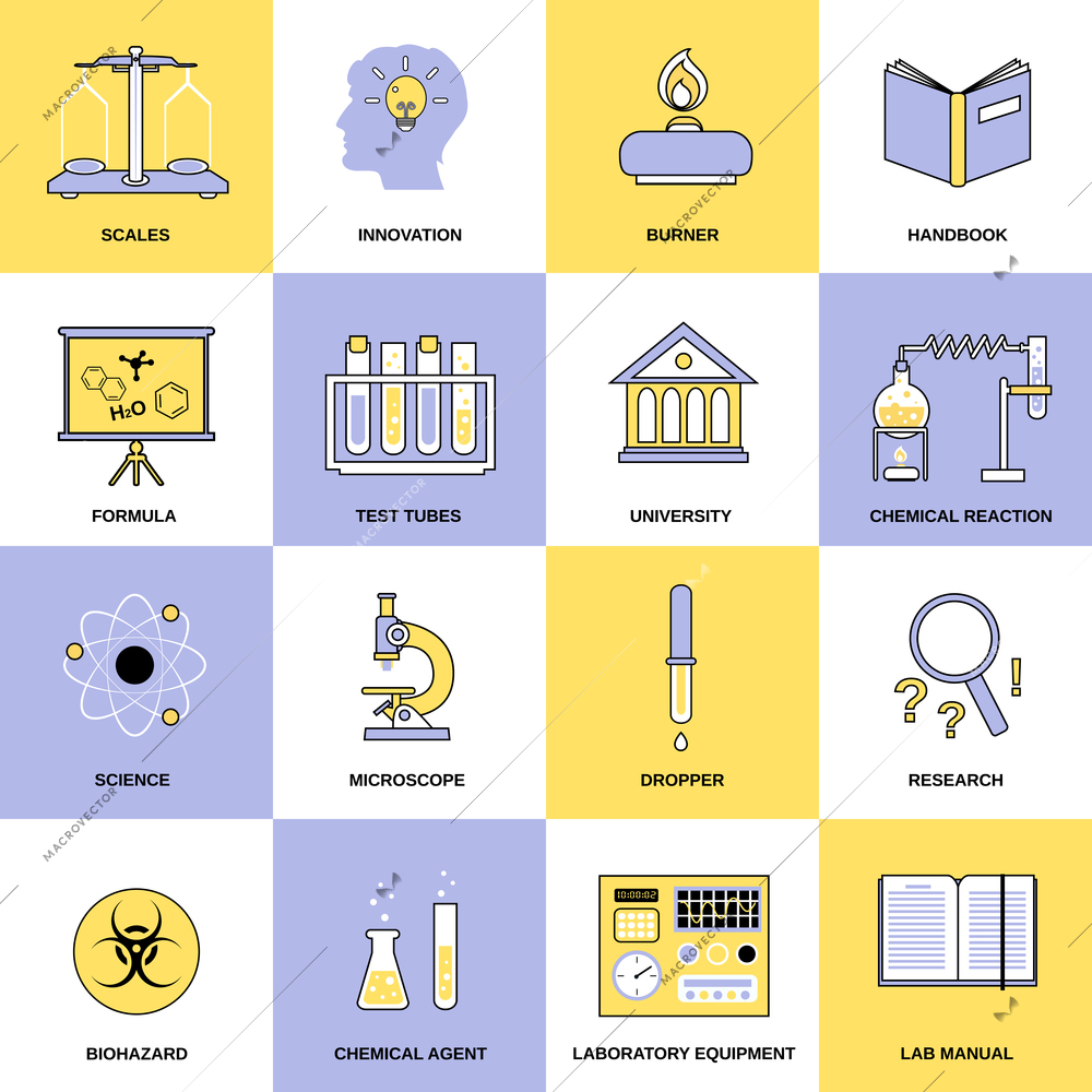 Science chemistry laboratory research equipment flat line icons set isolated vector illustration