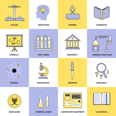 Science chemistry laboratory research equipment flat line icons set isolated vector illustration