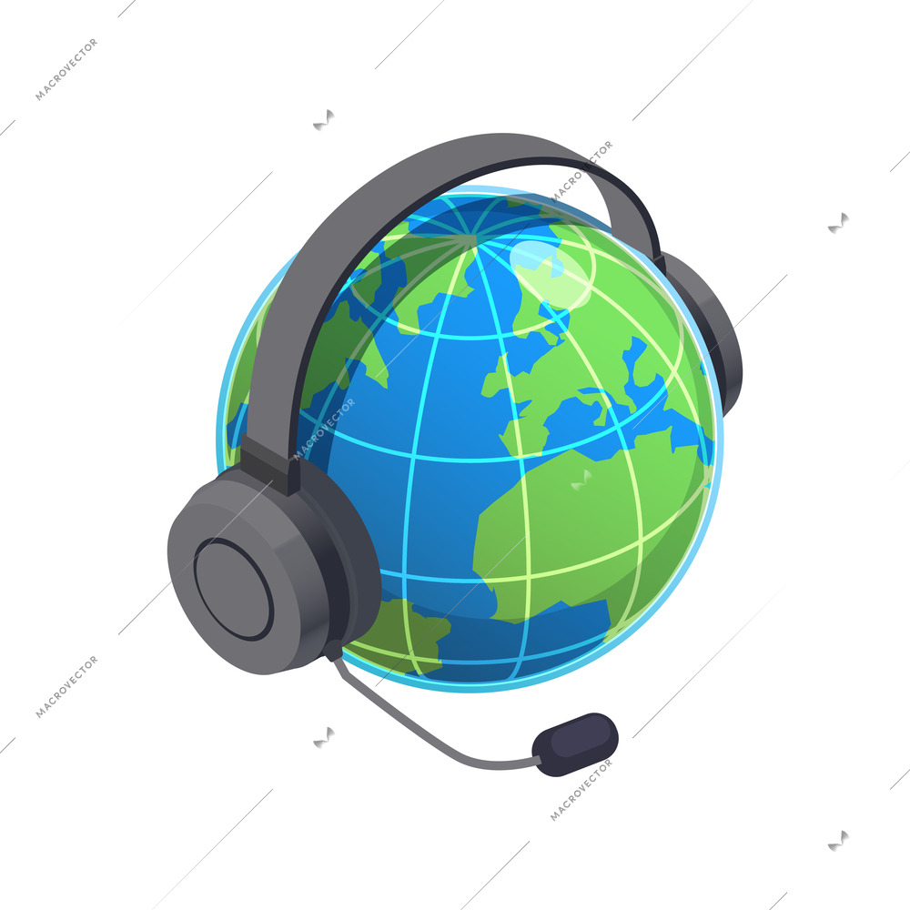 Customer service isometric composition with headphones with microphone on earth globe vector illustration