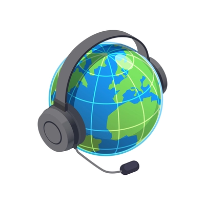 Customer service isometric composition with headphones with microphone on earth globe vector illustration