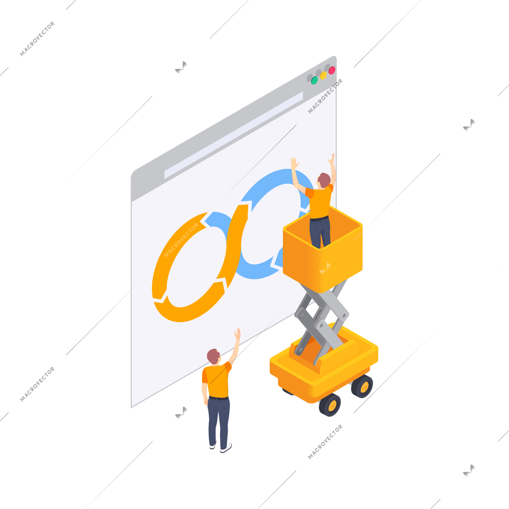 Programming coding development isometric icons composition with computer window with infinity sign and people vector illustration