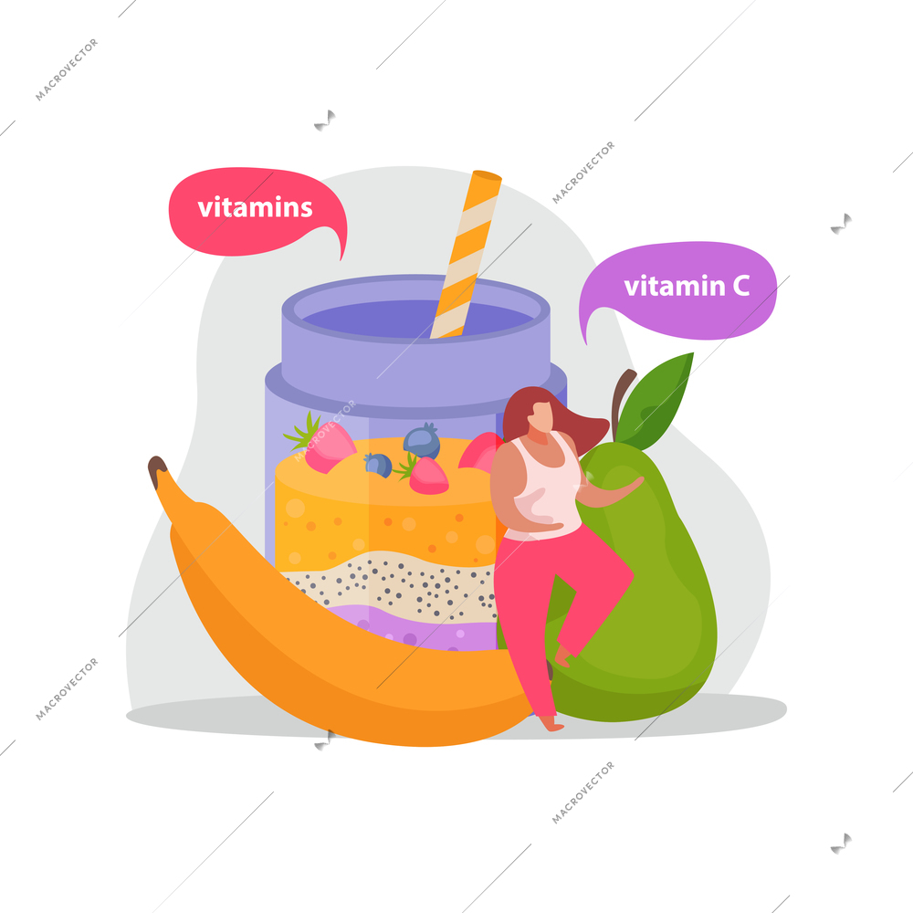 Healthy and super food flat icons composition with shake drink and fruits with thought bubbles and female character vector illustration