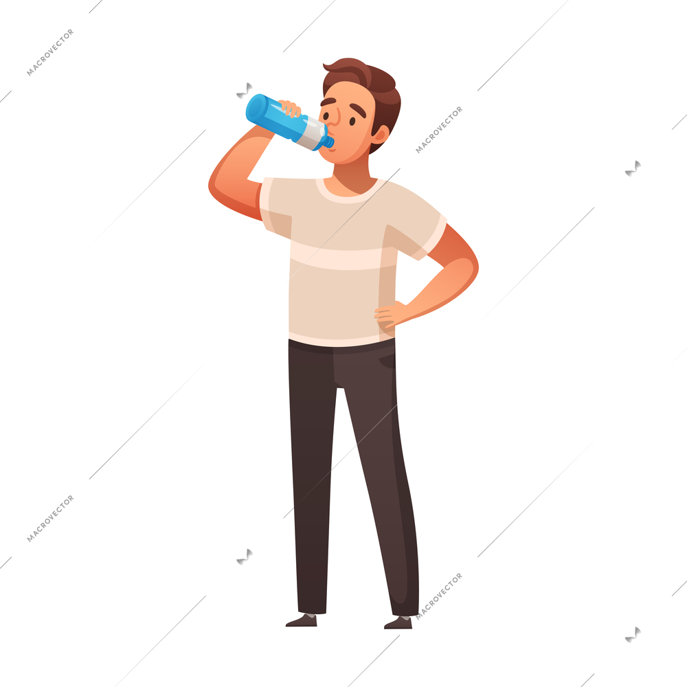 Healthy lifestyle cartoon composition with male character drinking water from bottle vector illustration