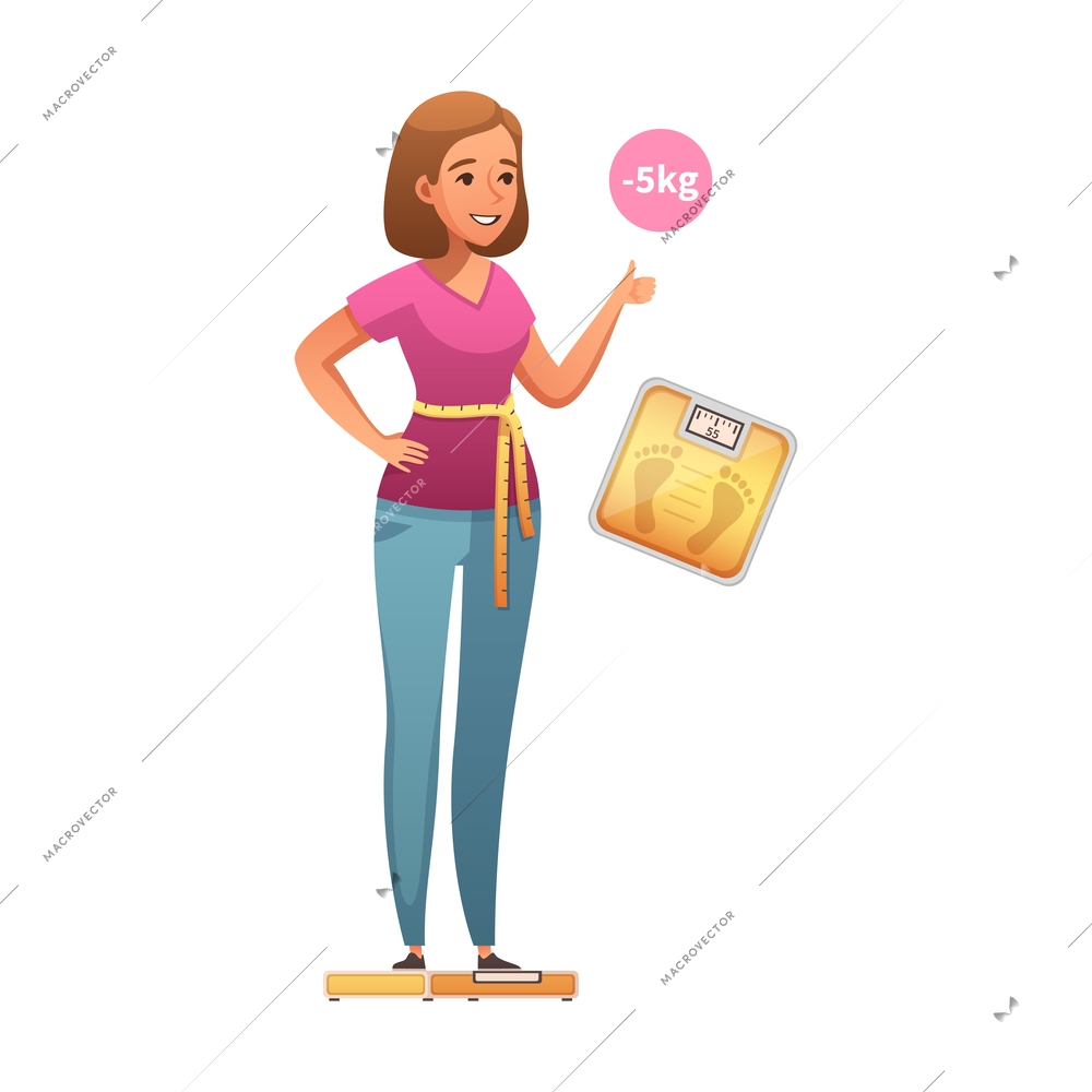 Healthy lifestyle cartoon composition with woman standing on weighs with measure tape lost five kilograms vector illustration