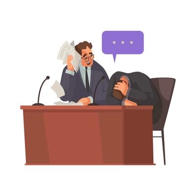 Law justice composition with unhappy client with thought bubble and attorney vector illustration