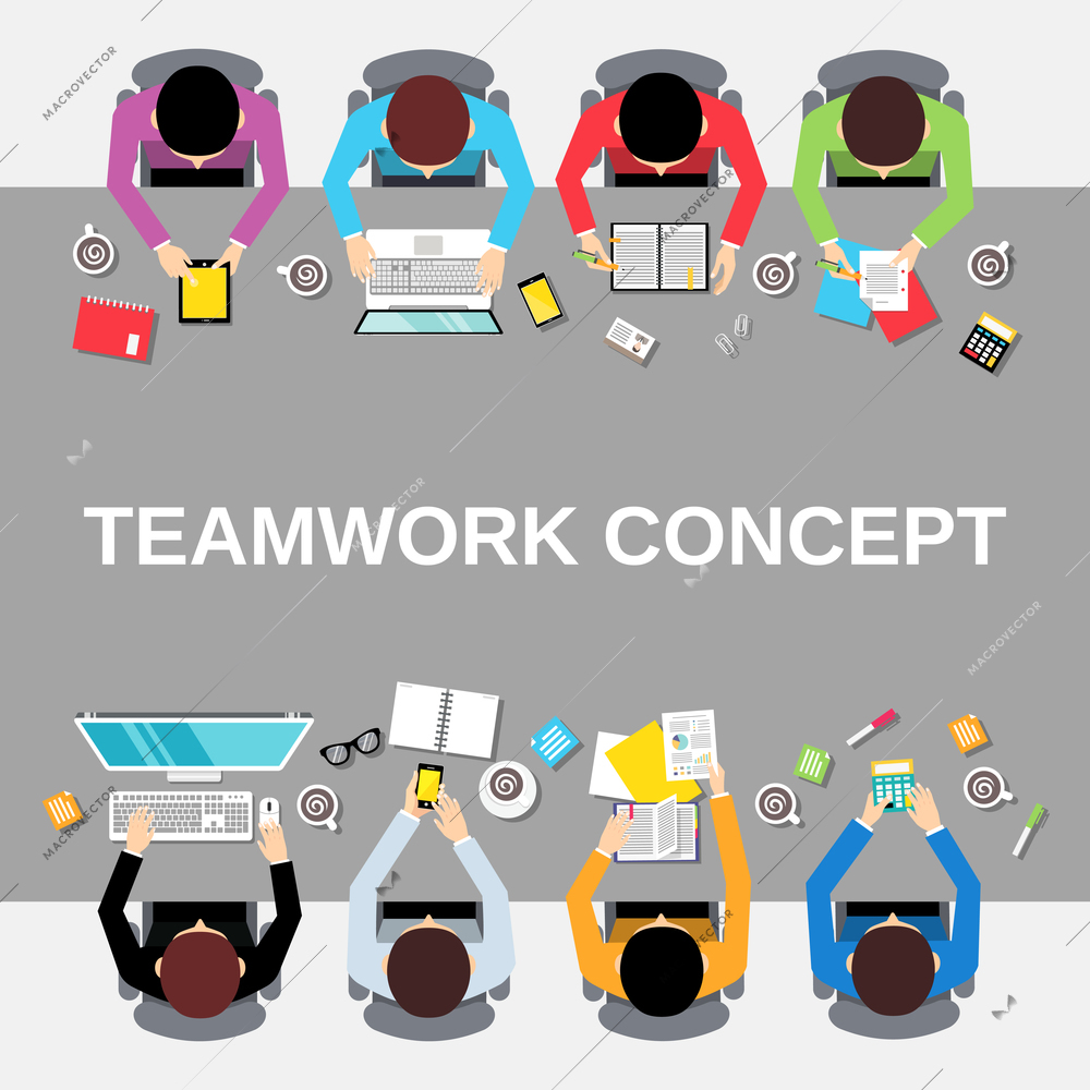 Business team teamwork concept top view office people group on long table vector illustration