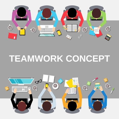 Business team teamwork concept top view office people group on long table vector illustration