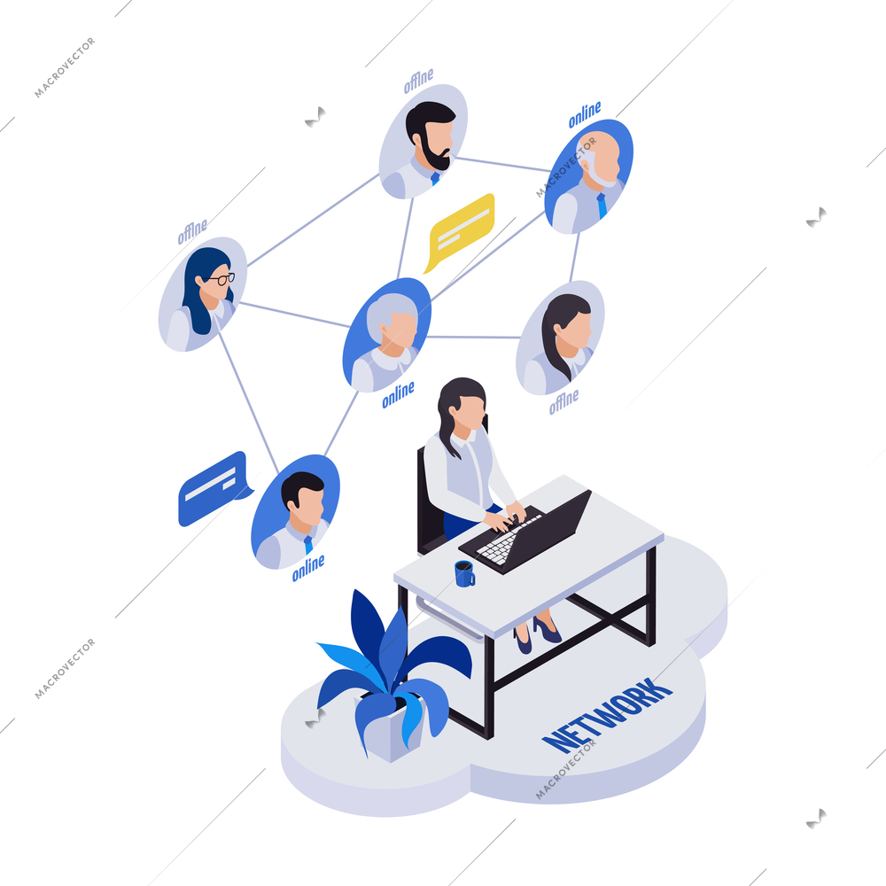 Remote management distant work isometric icons composition with woman sitting at table with remote workers flowchart vector illustration