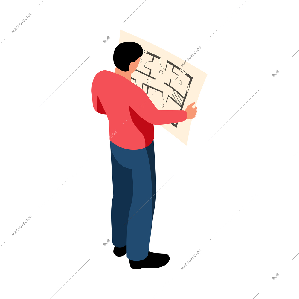 Isometric architect designer professional composition with man holding paper sheet with drawn scheme of apartment vector illustration