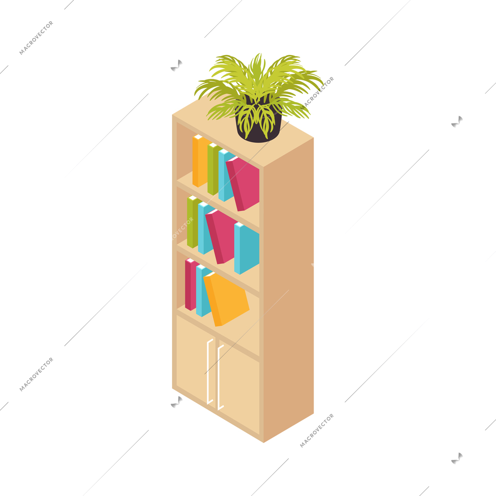 Isometric children room composition with isolated image of vertical cabinet with home plant and book shelves vector illustration