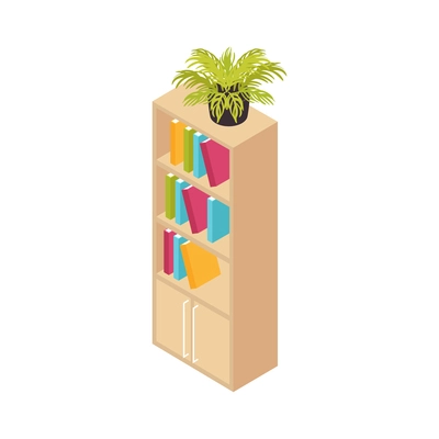 Isometric children room composition with isolated image of vertical cabinet with home plant and book shelves vector illustration