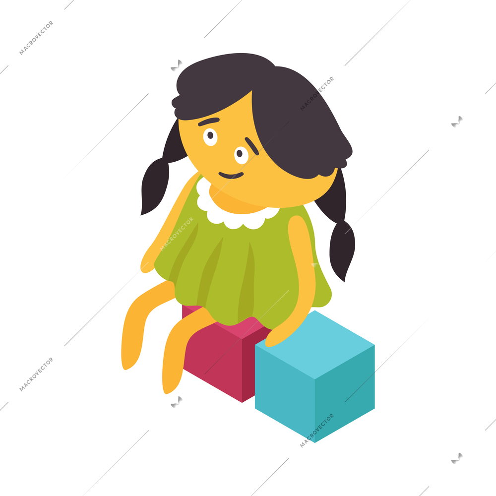 Isometric children room composition with isolated image of doll sitting on colorful cubes vector illustration