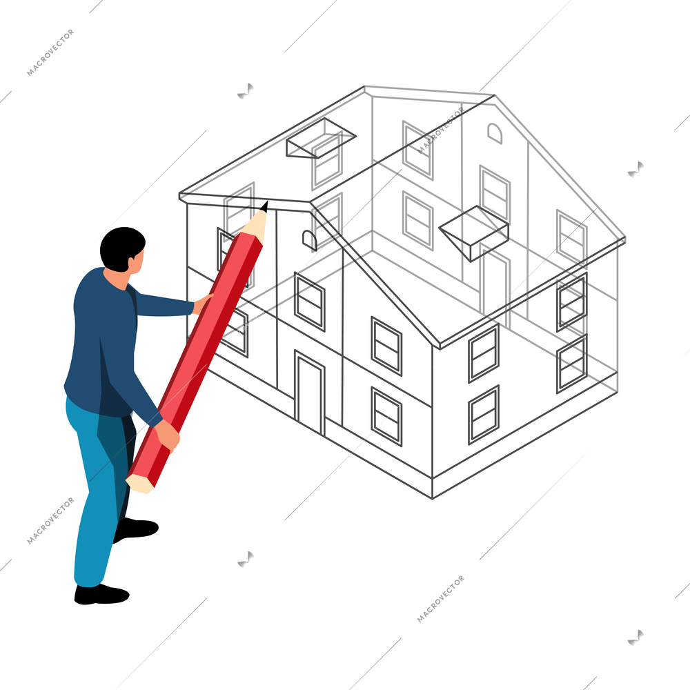 Isometric architect designer professional composition with human character holding pencil drawing 3d house model vector illustration