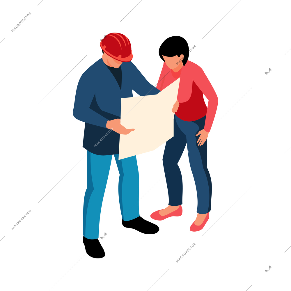 Isometric architect designer professional composition with characters of woman and engineer holding project sheet vector illustration