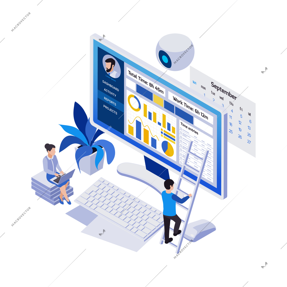 Remote management distant work isometric icons composition with desktop computer project calendar and small people vector illustration