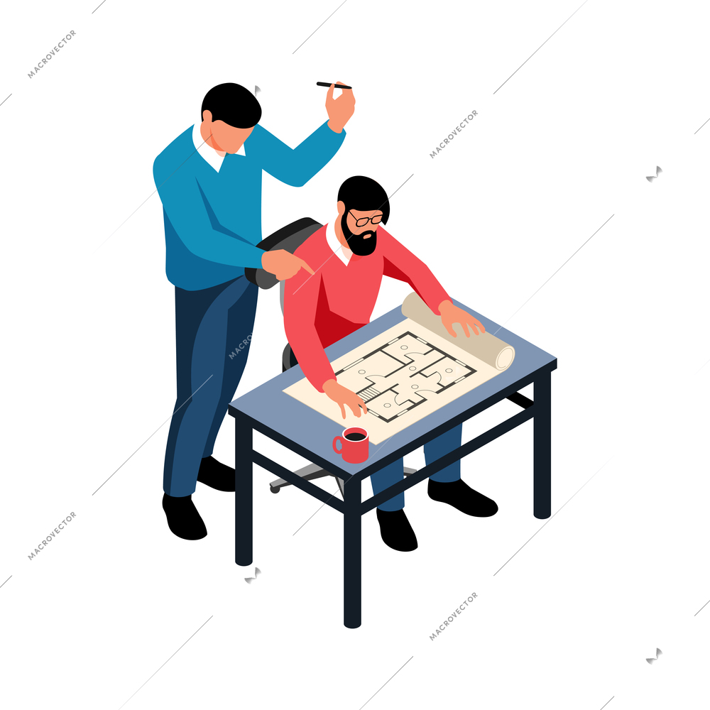 Isometric architect designer professional composition with man at table with apartment plan with consulting partner vector illustration