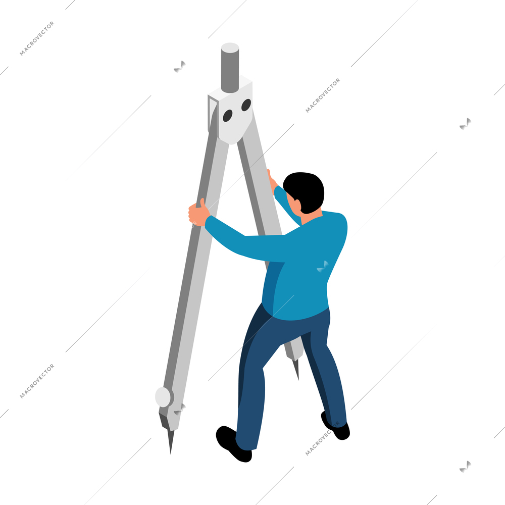 Isometric architect designer professional composition with metal compass held by human character vector illustration
