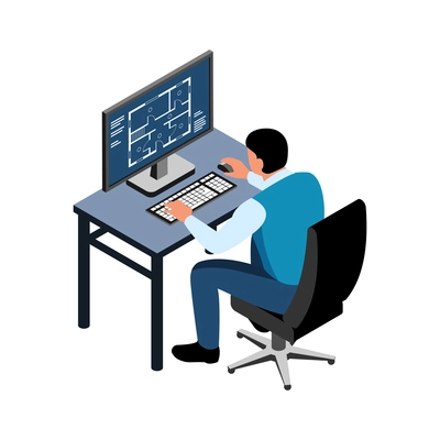 Isometric architect designer professional composition with man sitting at computer table drawing apartment plan vector illustration