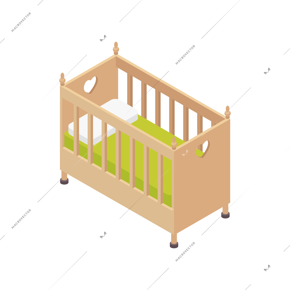 Isometric children room composition with isolated image of wooden baby bed vector illustration