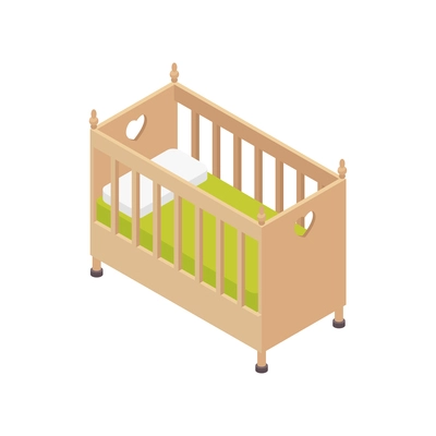 Isometric children room composition with isolated image of wooden baby bed vector illustration