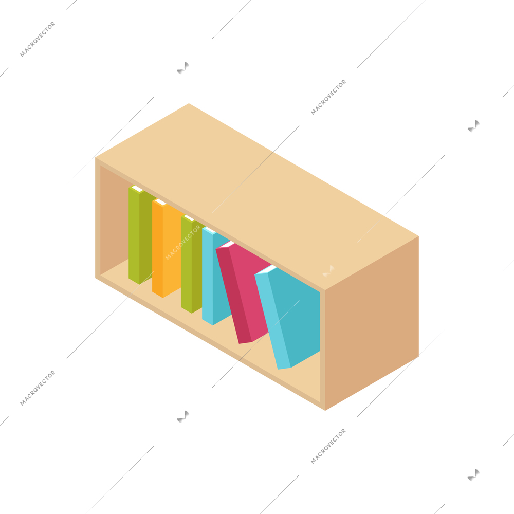 Isometric children room composition with isolated image of book shelf with colorful books vector illustration