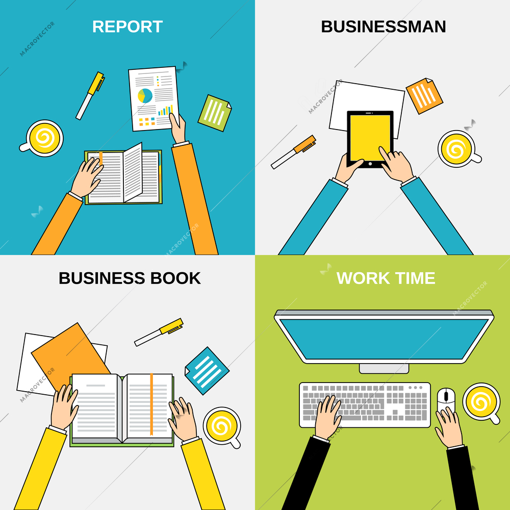 Business hands report businessman book work time flat line set isolated  vector illustration