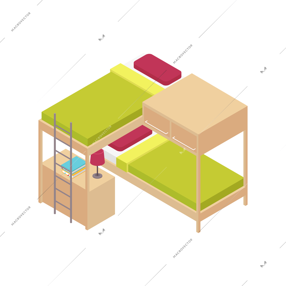 Isometric children room composition with isolated image of bunk bed with ladder and bedside table vector illustration