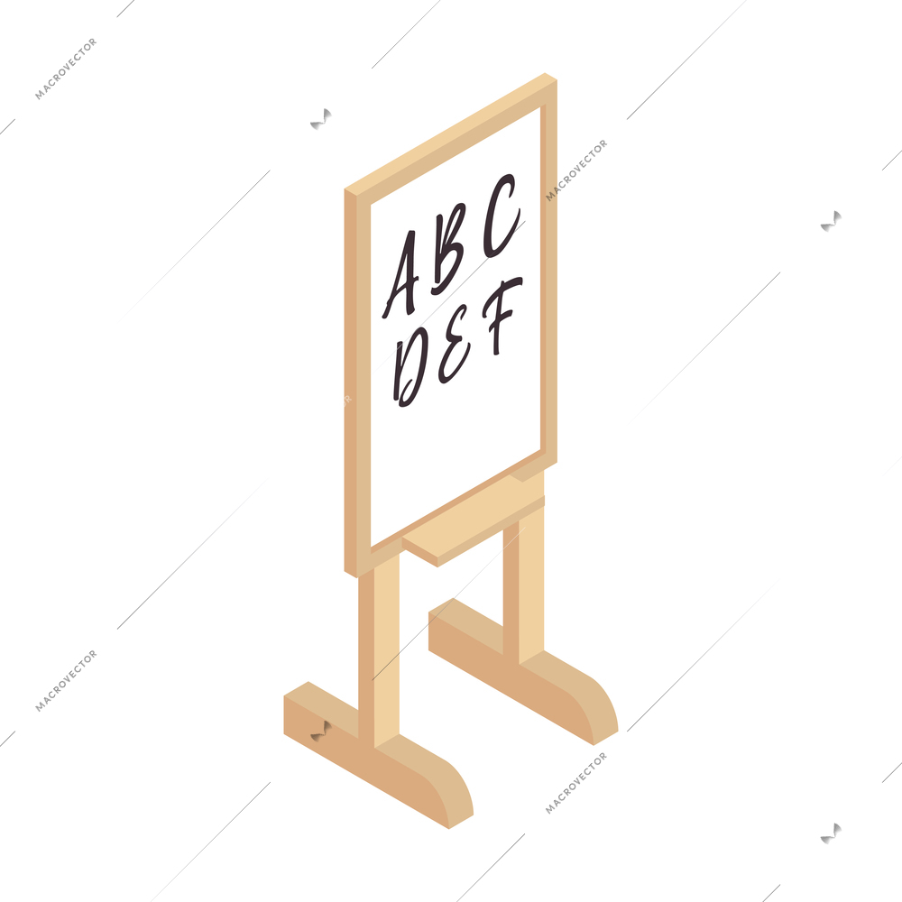 Isometric children room composition with isolated image of wooden easel board with paper and drawn letters vector illustration