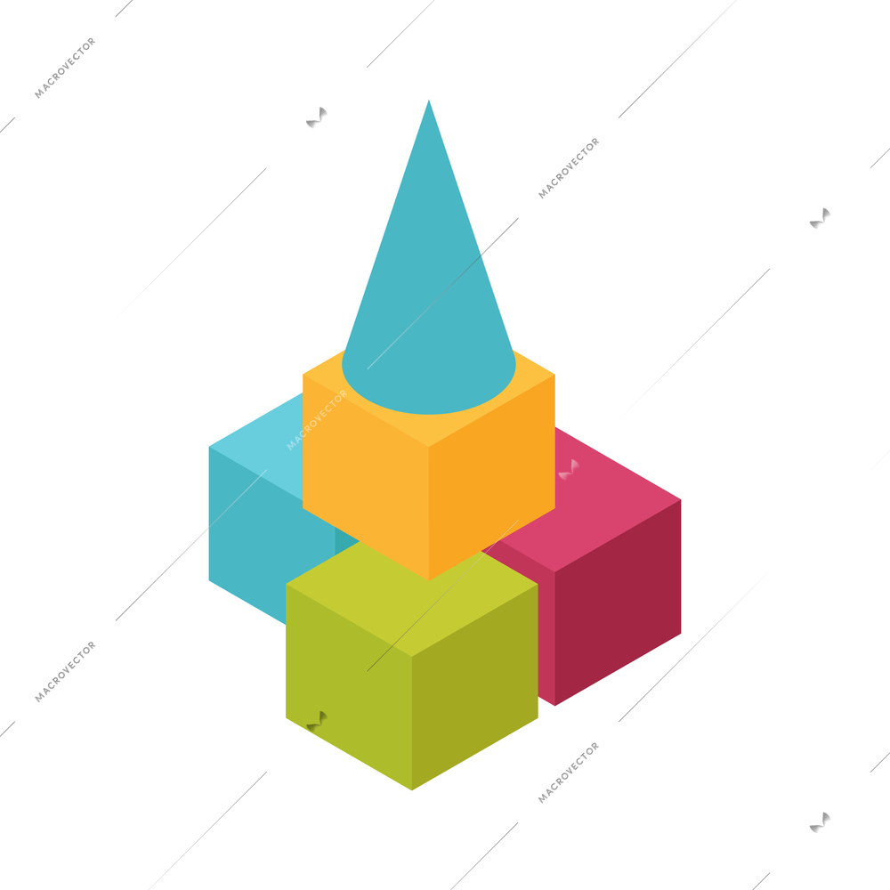 Isometric children room composition with isolated image of colorful cubes bunch with cone vector illustration