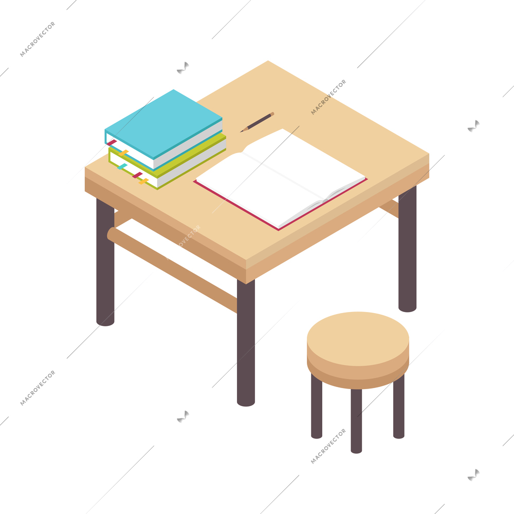 Isometric children room composition with isolated image of desk with chair books pencil and open notebook vector illustration