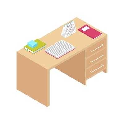 Isometric children room composition with isolated image of wooden table with calendar and copybooks vector illustration