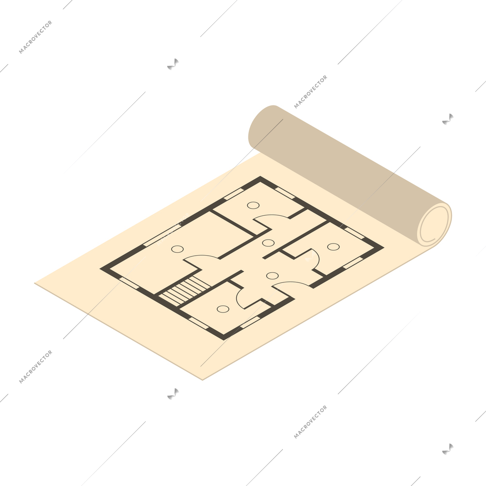 Isometric architect designer professional composition with isolated image of paper roll with drawn plan of apartment vector illustration