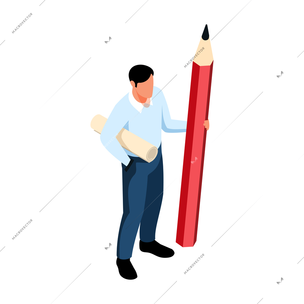 Isometric architect designer professional composition with isolated human character with paper roll and huge pencil vector illustration