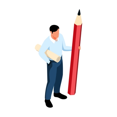 Isometric architect designer professional composition with isolated human character with paper roll and huge pencil vector illustration