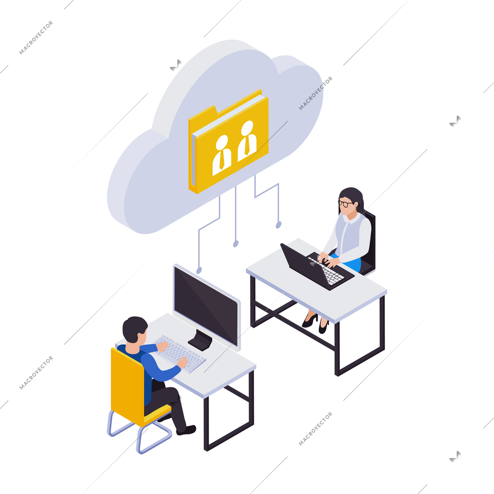 Remote management distant work isometric icons composition with icon of group folder with two workers at working places vector illustration