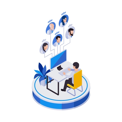 Remote management distant work isometric icons composition with man at computer table with avatars of distant workers vector illustration