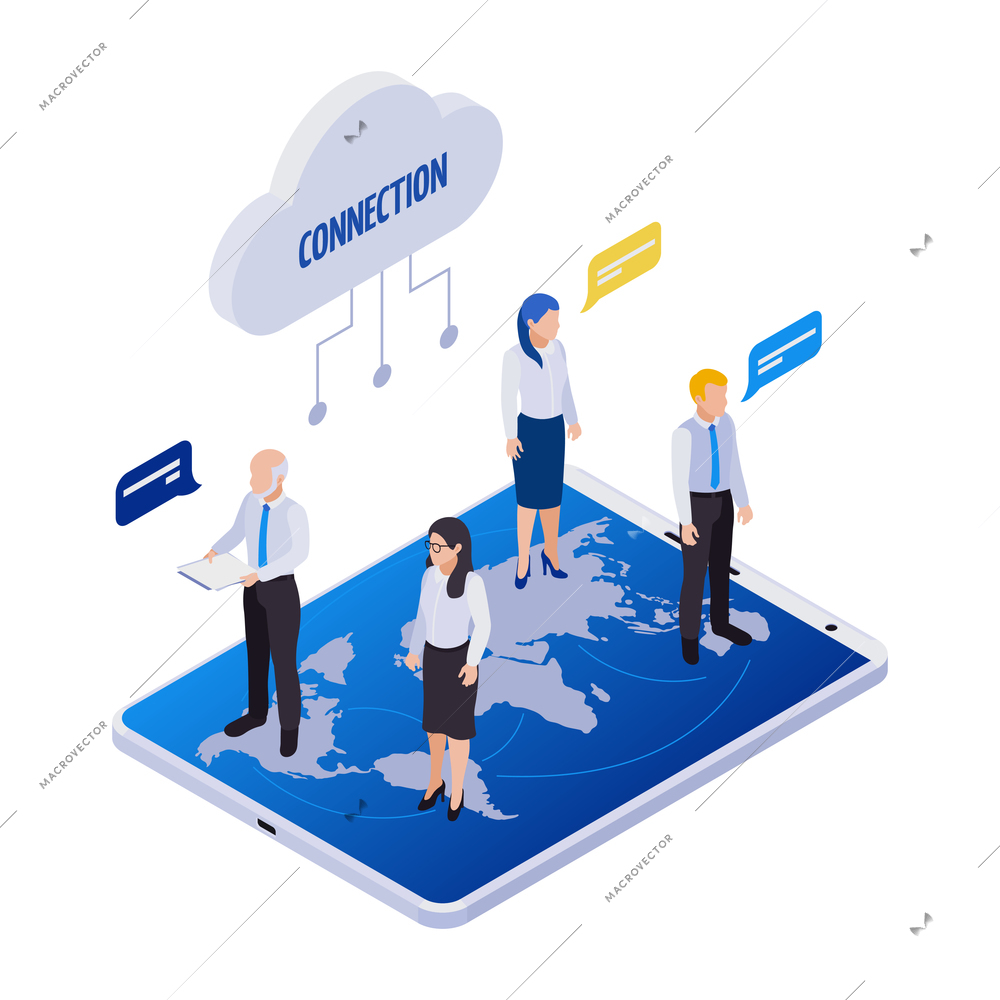 Remote management distant work isometric icons composition with cloud icon people with thought bubbles and world map vector illustration