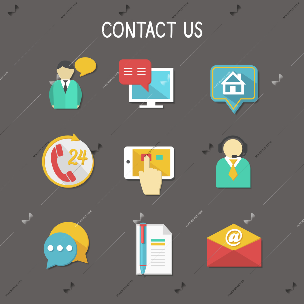 Contact us using phone call email website or mobile application flat icons set isolated vector illustration