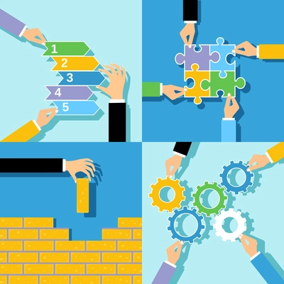 Human hands building wall puzzle solving gear teamwork making business concepts set isolated vector illustration