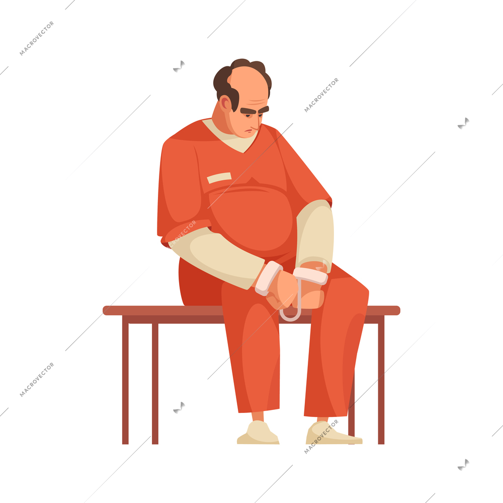 Law justice composition with doodle character of enchained prisoner sitting on bench vector illustration