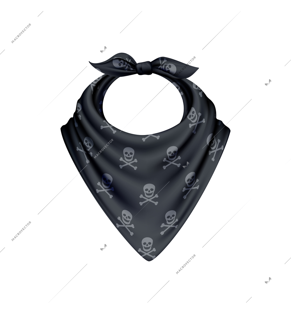 Bandana scarf buff handkerchief realistic composition with isolated image with skull and crossbones on black pattern vector illustration