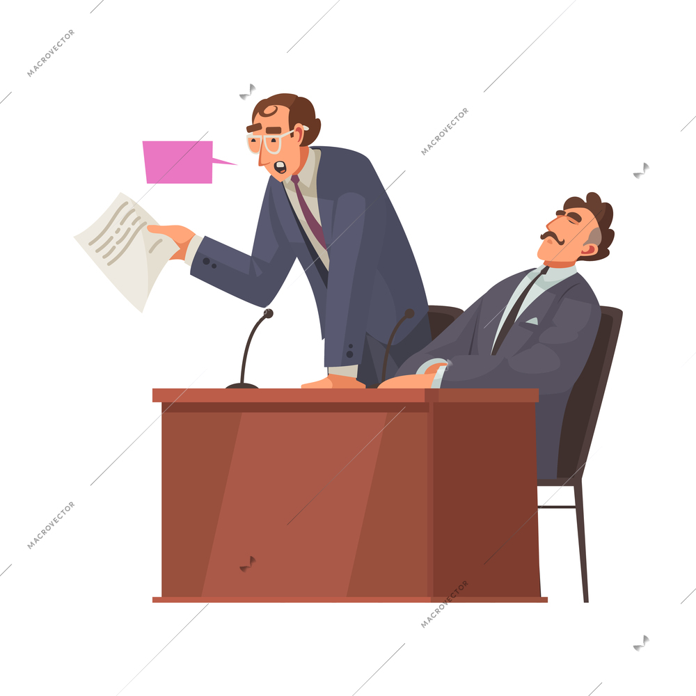 Law justice composition with characters of speaking attorney and sitting client vector illustration