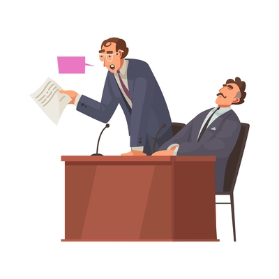 Law justice composition with characters of speaking attorney and sitting client vector illustration