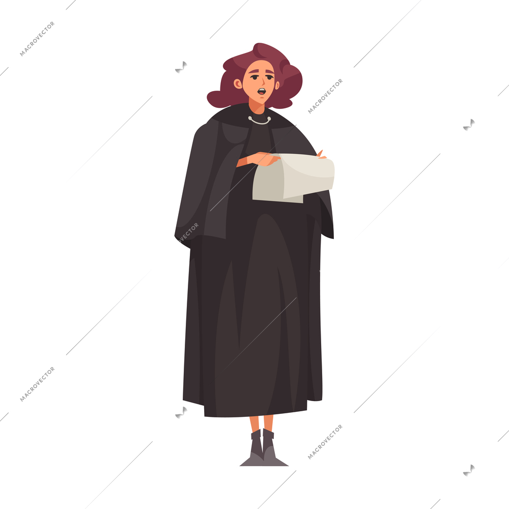 Law justice composition with female judge character reading out from paper sentence vector illustration