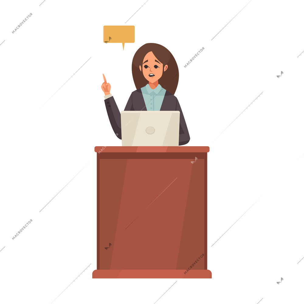 Law justice composition with female doodle character at tribune with laptop and thought bubble vector illustration