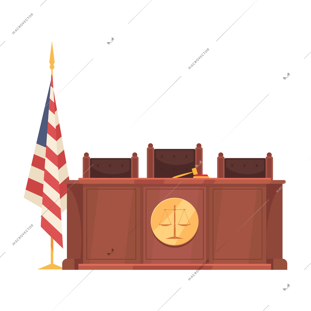 Law justice composition with american flag and judge podium with three seats vector illustration