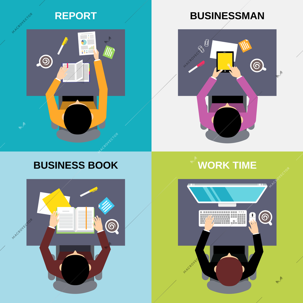 Top view businessman business book report work time flat set isolated  vector illustration
