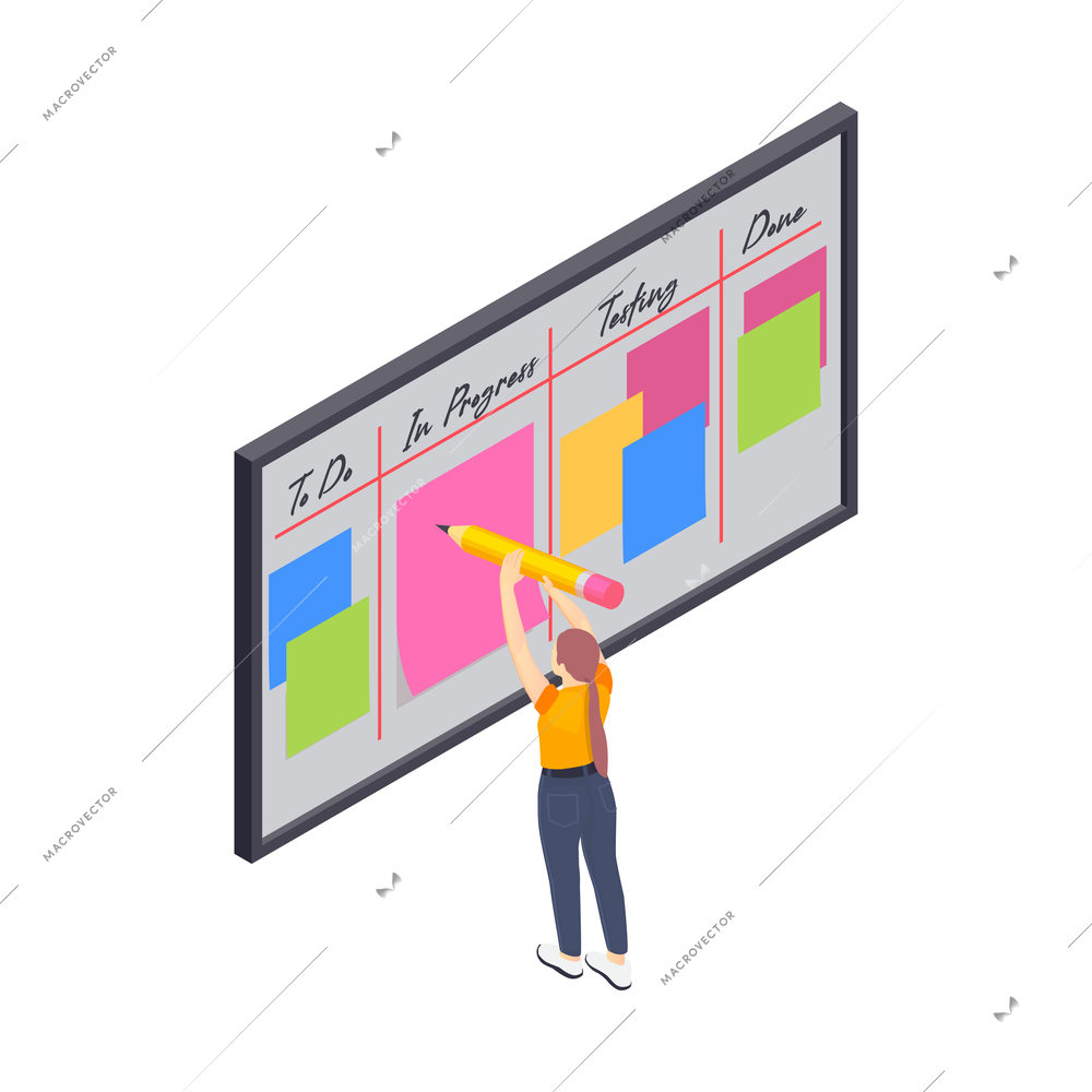 Programming coding development isometric icons composition with board of tasks and sticky notes vector illustration