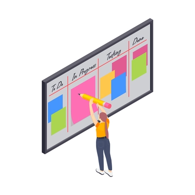 Programming coding development isometric icons composition with board of tasks and sticky notes vector illustration